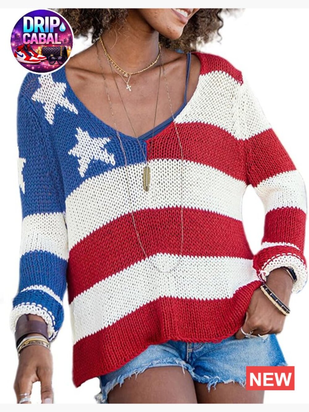 Women Vintage USA Flag Pullover Sweater Loose Crewneck Long Sleeve Knit Jumper